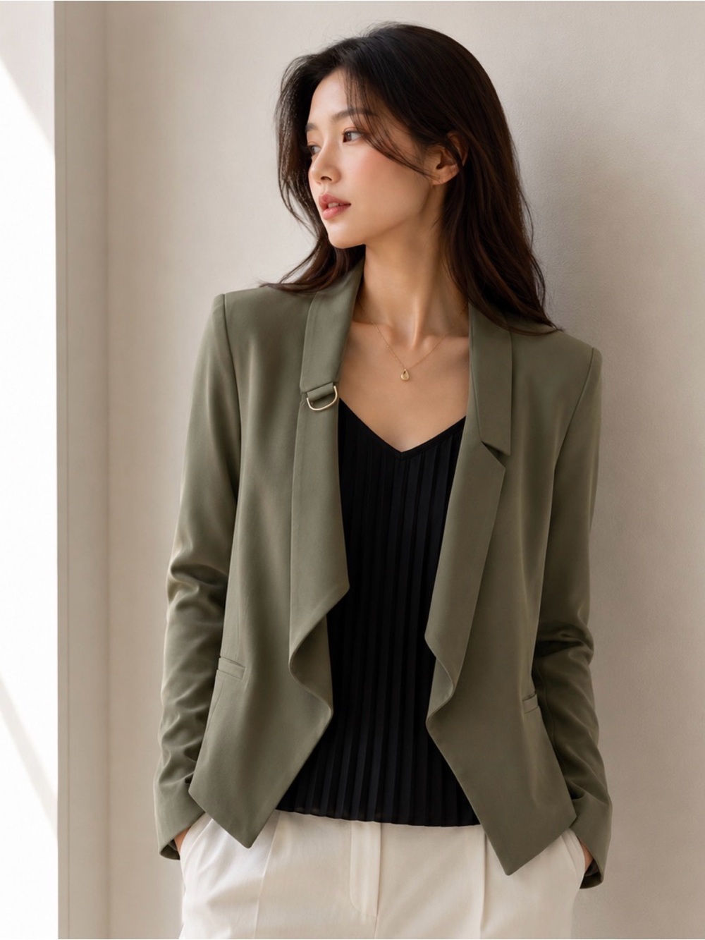 Metaphor Olive Draped Open-Front Blazer Jacket